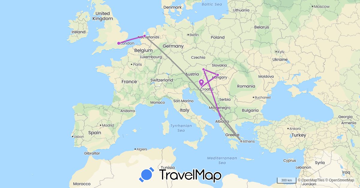 TravelMap itinerary: driving, plane, train in Albania, Austria, United Kingdom, Greece, Croatia, Hungary, Netherlands (Europe)